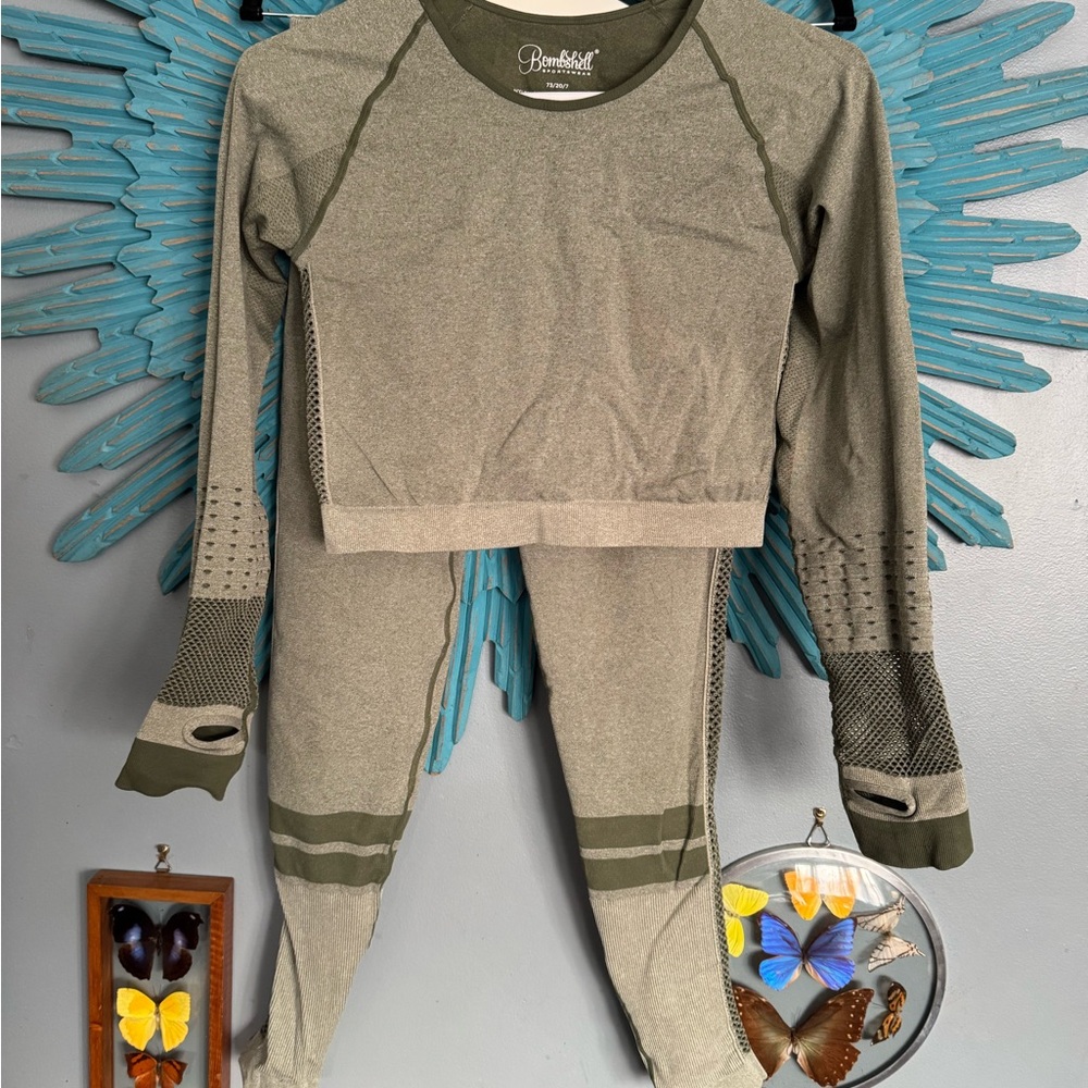 Bombshell sports wear olive colored long sleeve top/ leggings set